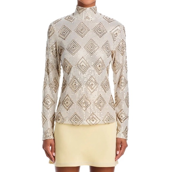 AQUA Top Size S Embellished Sequin Beaded Long Sleeve Mock Neck Party - Picture 1 of 10